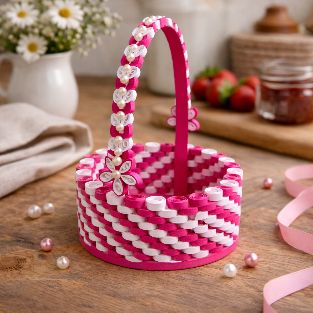 dark pink handmade paper quilling gift basket vibrant artisan