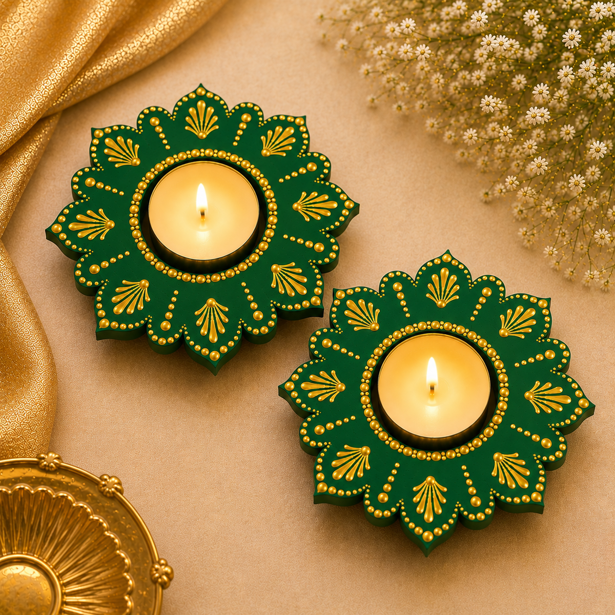 Emerald Bloom Wooden Diya (Set of 2)
