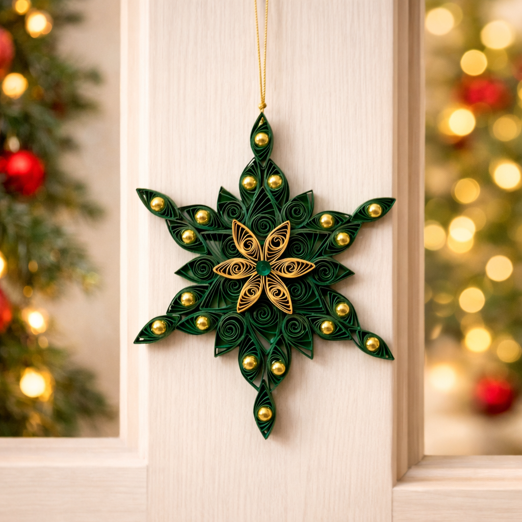 handmade green gold paper quilling snowflake christmas ornament set