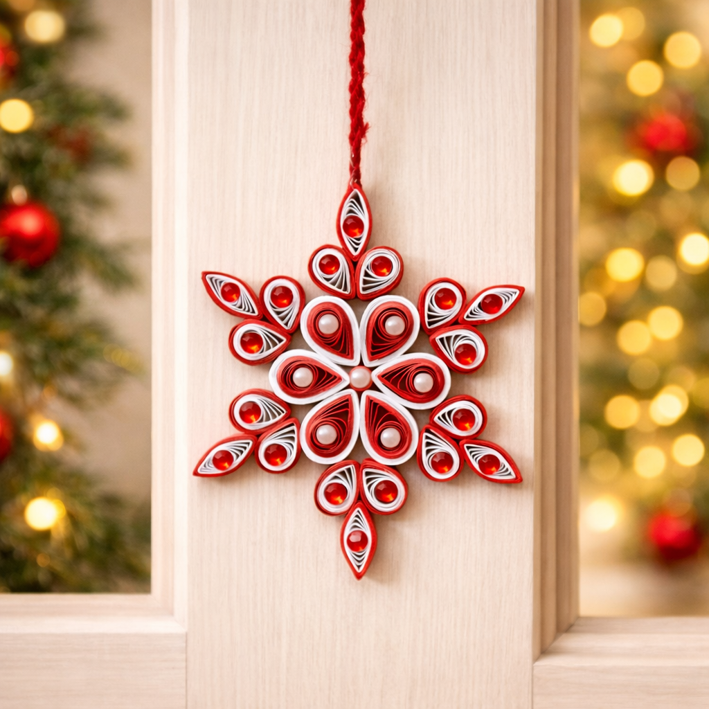 handmade red white paper quilling snowflake christmas ornament set