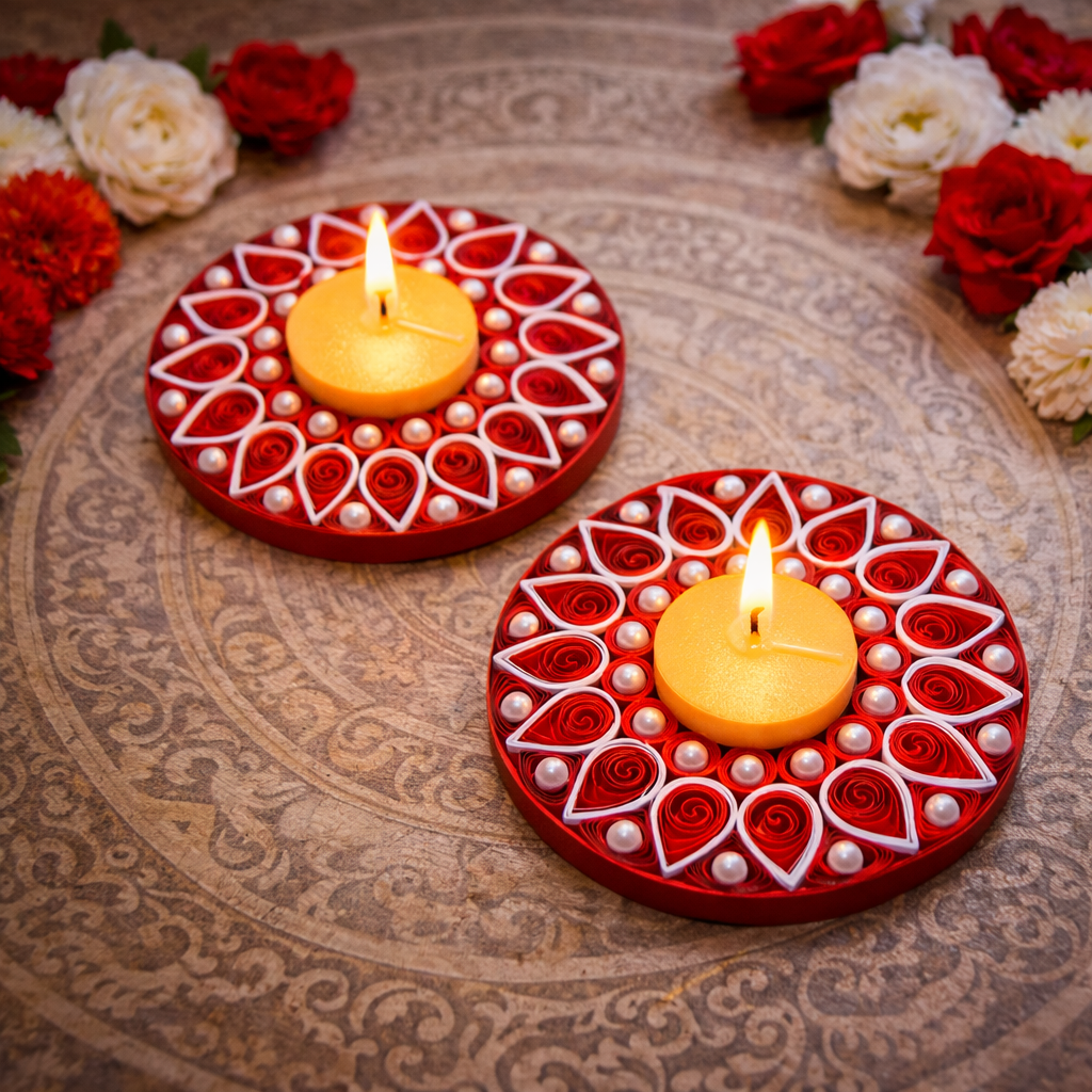 red pearl mini diya combo set handmade diwali decoration