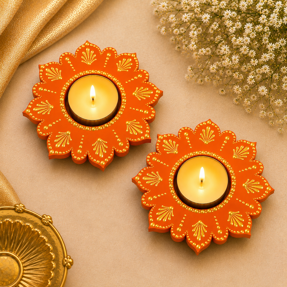 Kesar Bloom Wooden Diya (Set of 2)