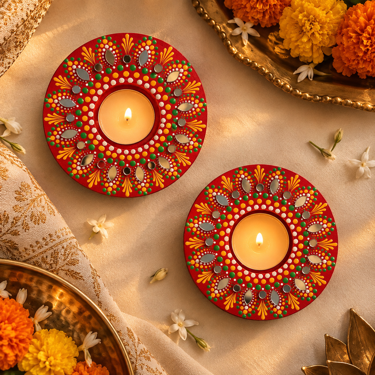 Rangoli Glow Wooden Diyas (Set of 2)