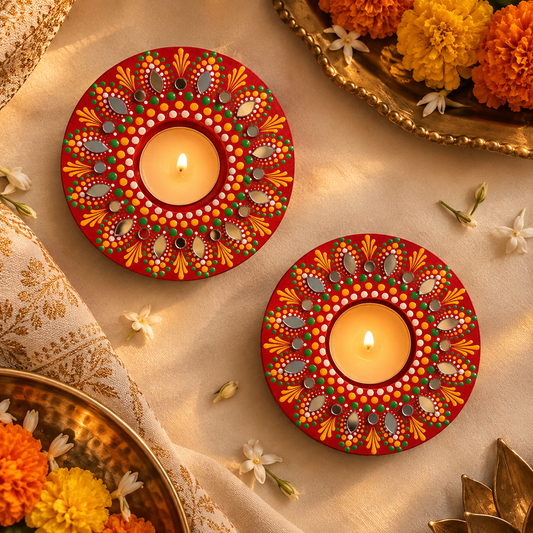 Rangoli Glow Wooden Diyas (Set of 2)