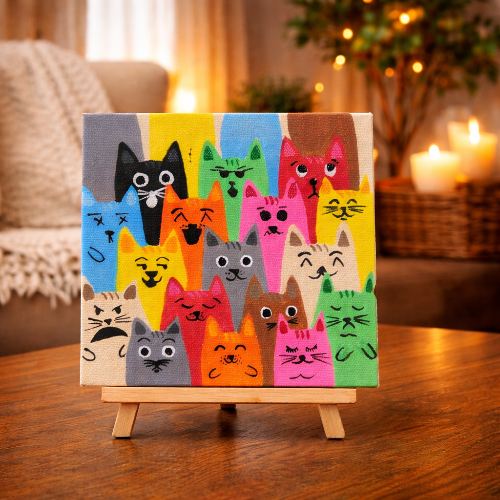 cats and co hand painted acrylic canvas art close up detail 6x6 inch cat lovers gift
