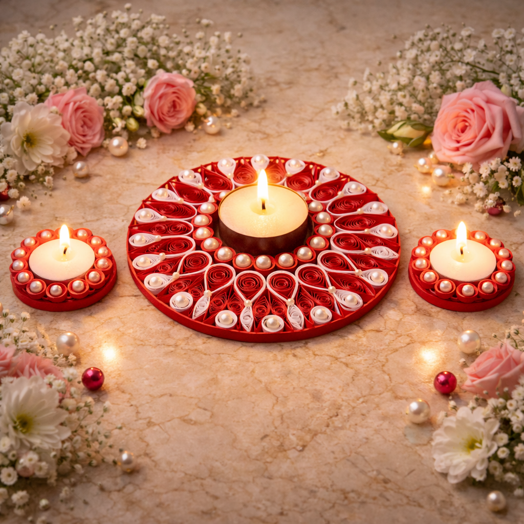 red pearls diya combo 3 piece handmade diwali gift set