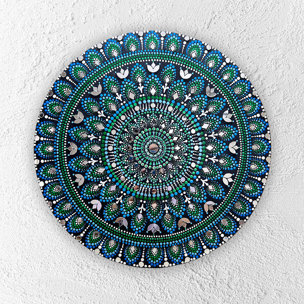 blue green mandala handpainted wall plate 12 inch art