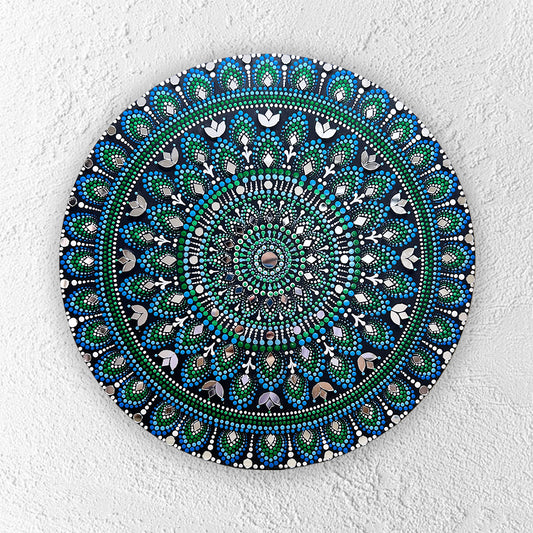 blue green mandala handpainted wall plate 12 inch art